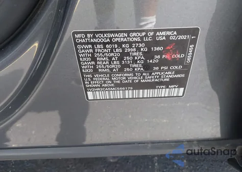 2021 Volkswagen Atlas 3.6L V6 Se W/Technology from USA, damaged, VIN 1V2HR2CA5MC566179